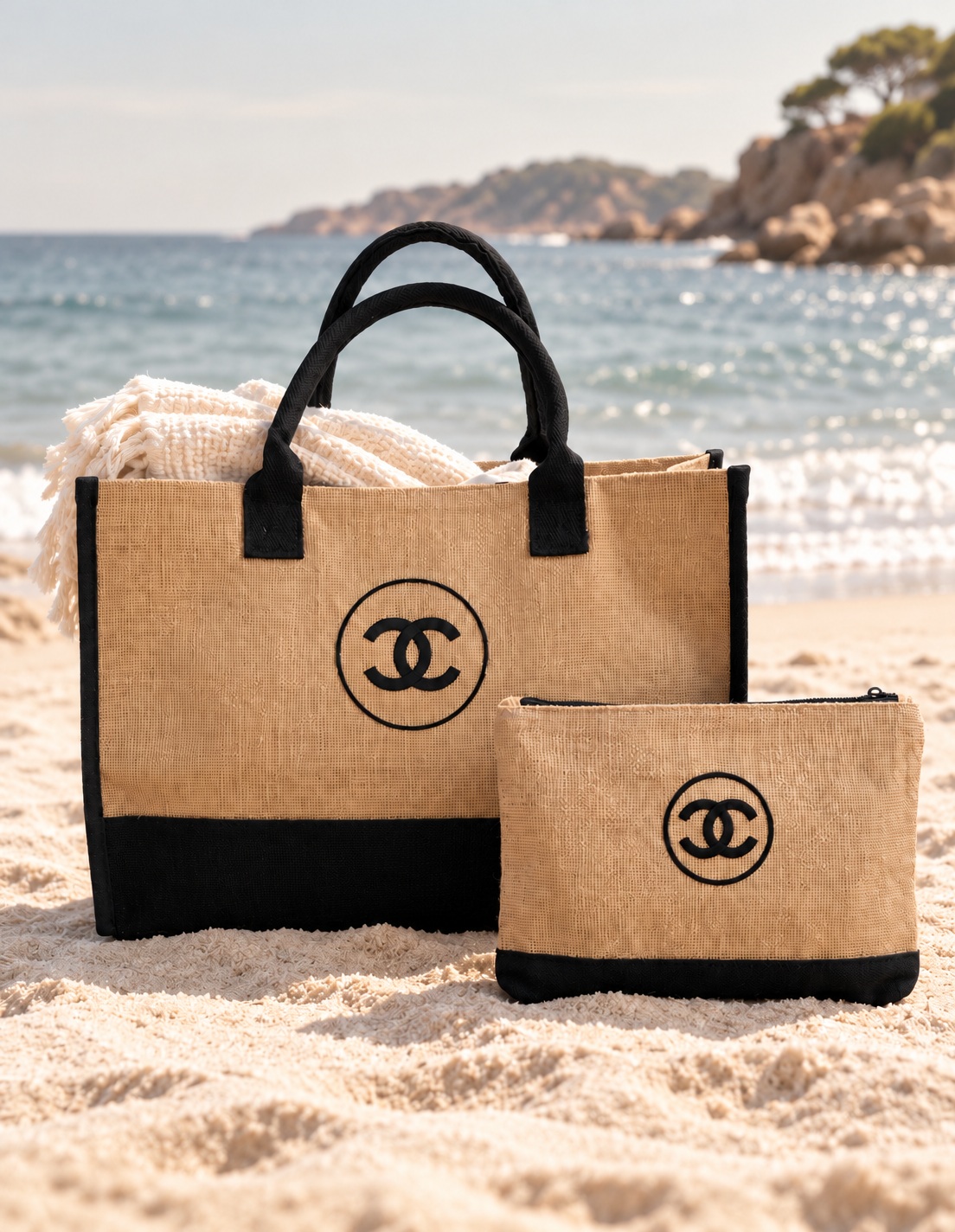 Tote bag et trousse en jute naturel avec finitions noires
